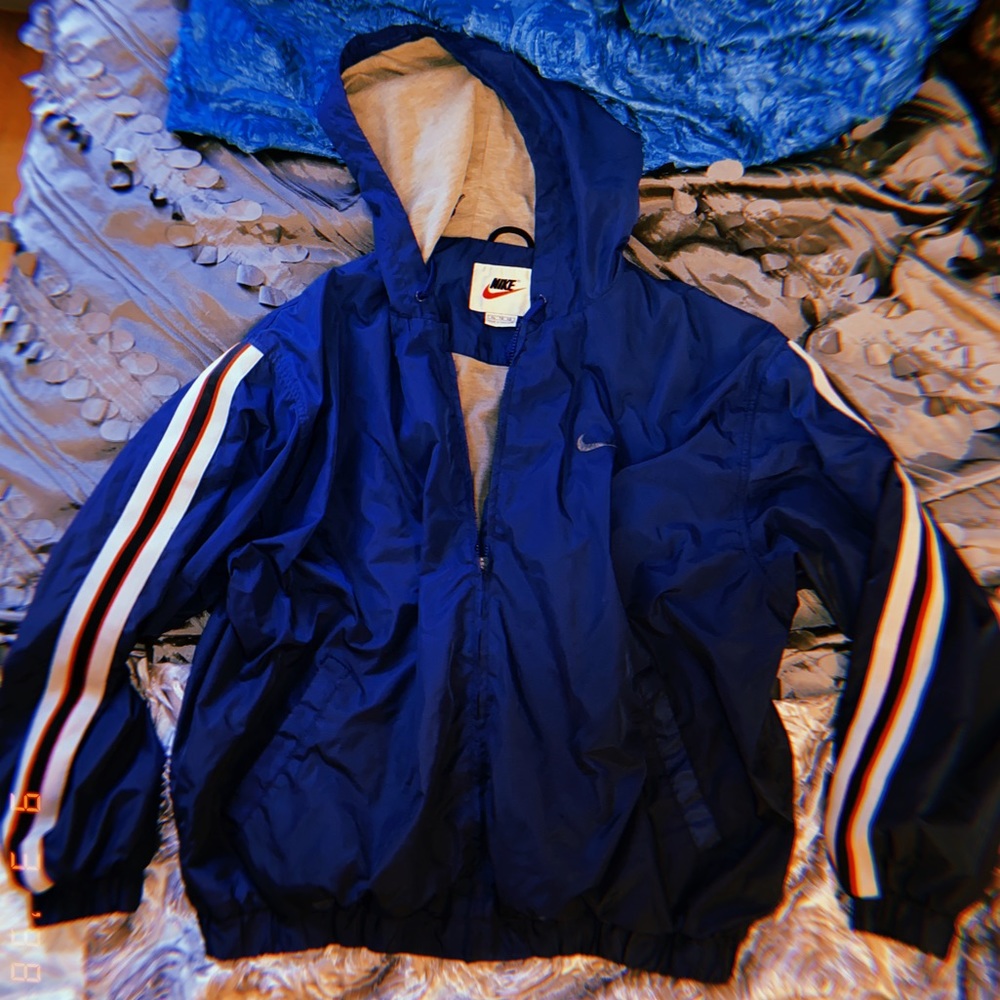 Nike Blue Windbreaker With Hood and Stripes - XL